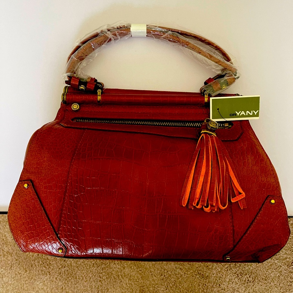 OrYANY - Leather croco embossed double handle satchel in Mahogany